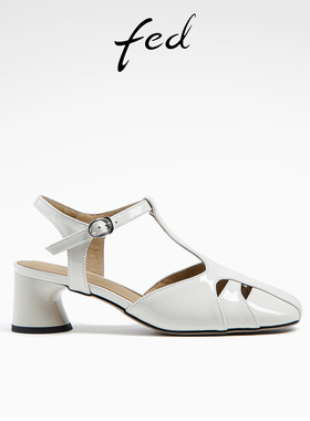 fed白色法式单鞋夏季新款女鞋T字带方头罗马凉鞋女款D0428-ZFB003
