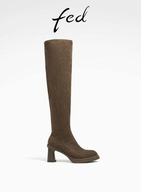 fed粗跟时装靴秋季新款女靴弹力过膝靴卡其色瘦瘦靴D0907-YAB102