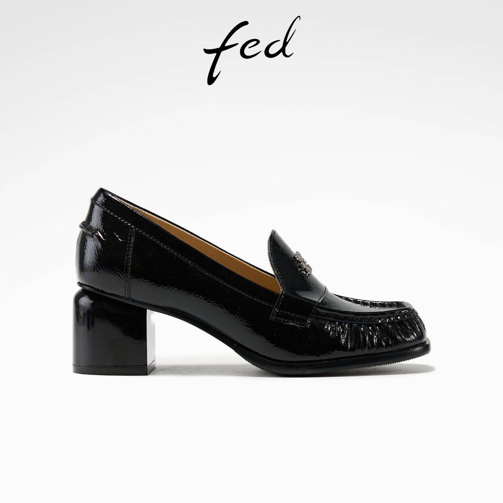 fed粗跟乐福鞋春季新款女鞋夜幕花钥单鞋深口方头高跟鞋女款YA018