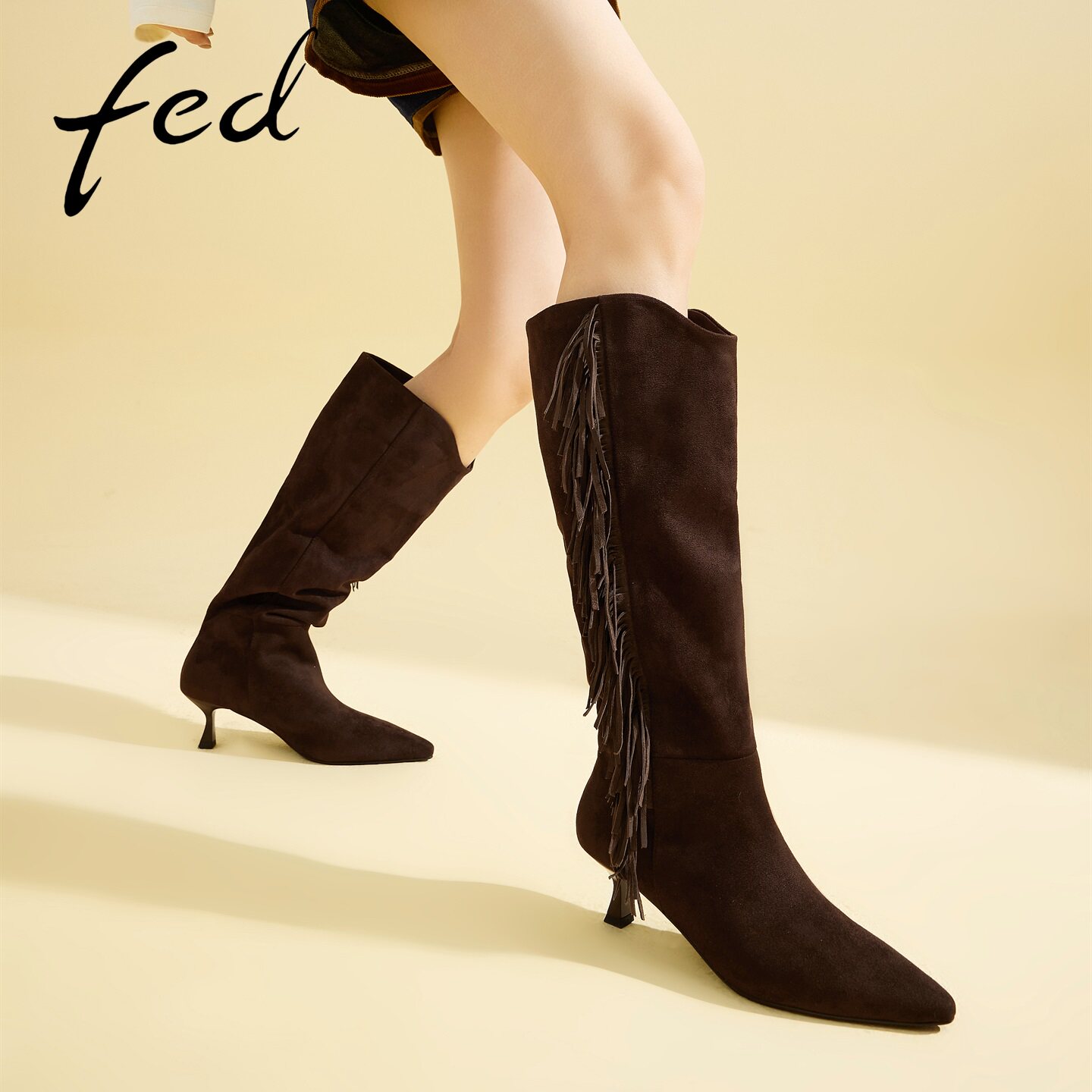fed尖头细跟流苏长筒靴女款