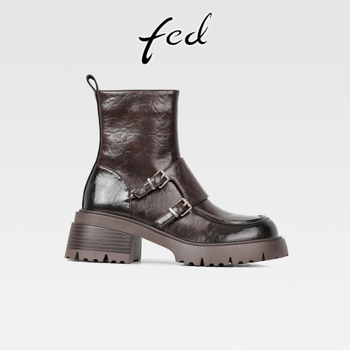 fed复古真皮厚底皮带扣马丁靴女