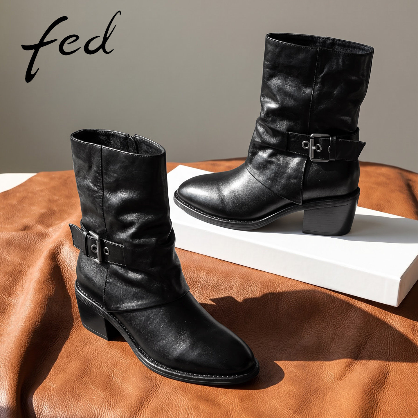 fed真皮短靴女秋冬新款高跟女靴