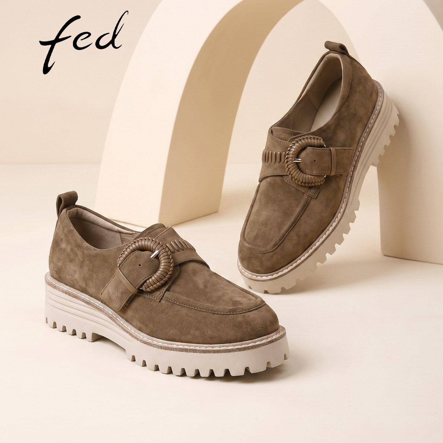 fed真皮粗跟增高一脚蹬乐福鞋