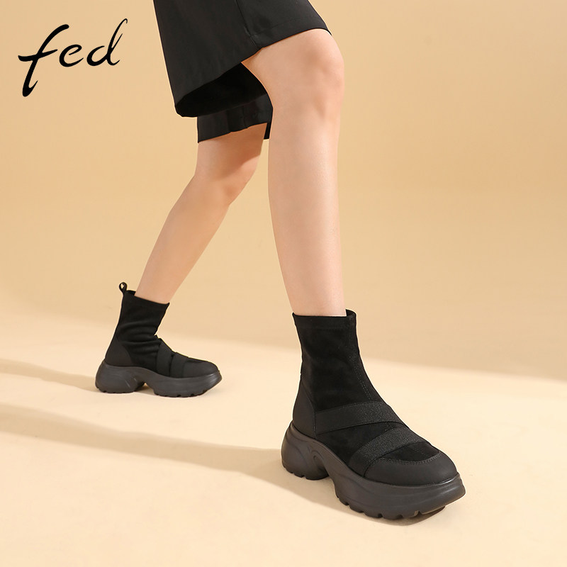fed厚底短靴女秋新款复古女靴