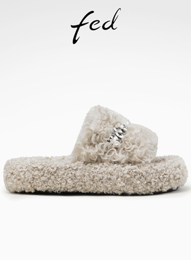 fed外穿毛毛鞋冬季新款女鞋毛茸茸一字拖厚底拖鞋女D1017-YAB681