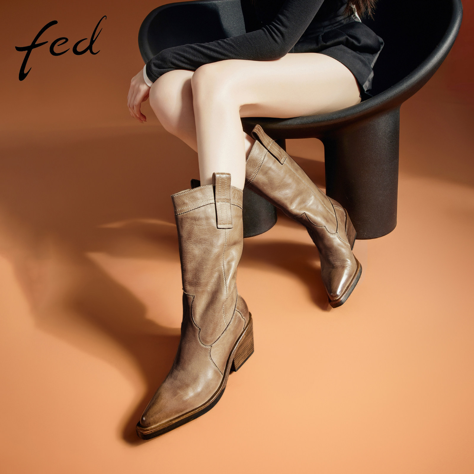 fed复古擦色棕西部牛仔靴女