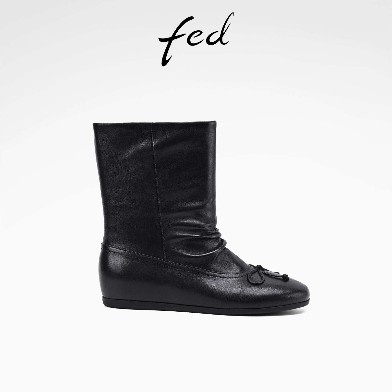 fed真皮坡跟增高骑士靴