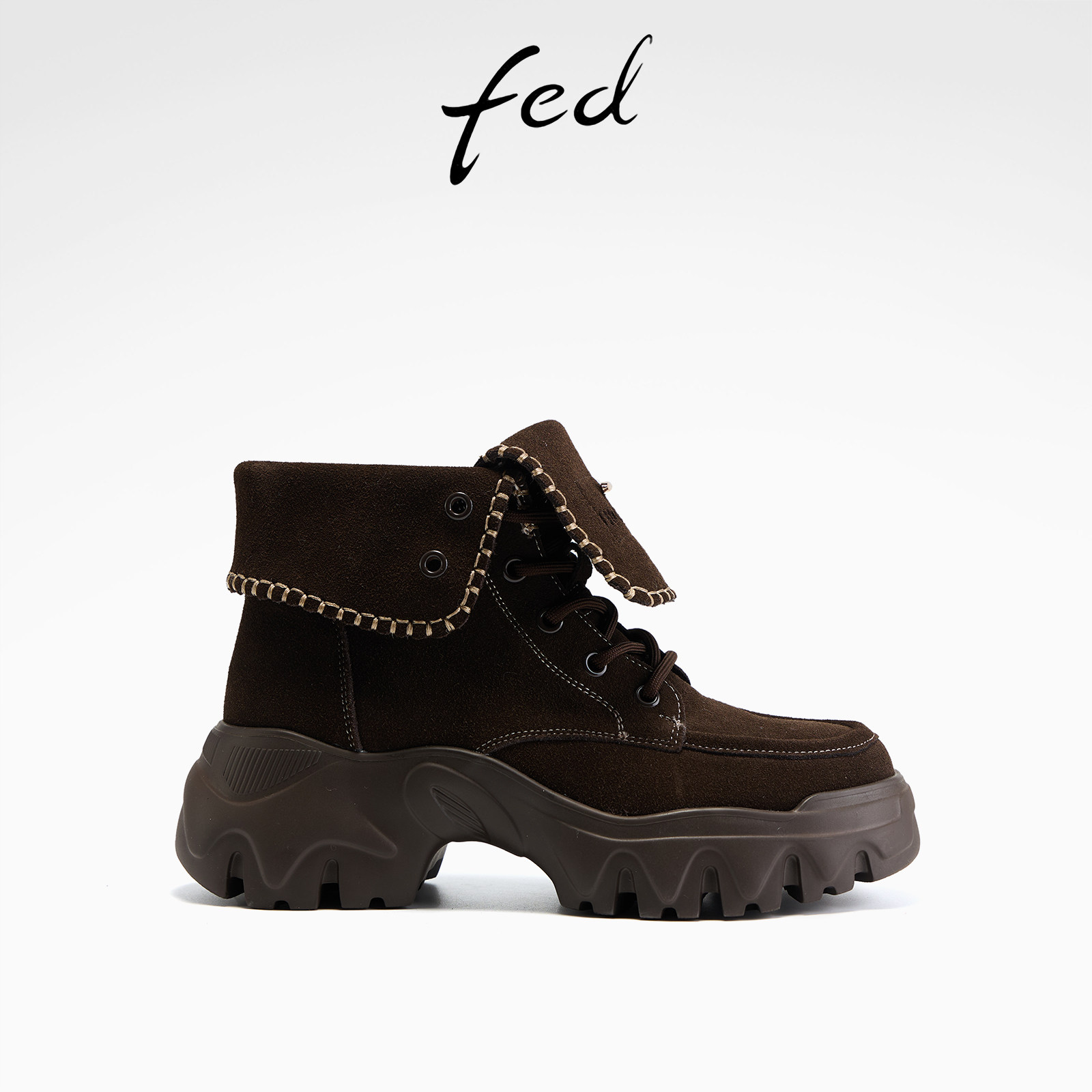 fed深棕绒面马丁靴女圆头厚底