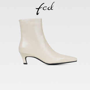 fed法式 侧拉链气质方头高跟小短靴 复古真皮细跟瘦瘦靴女秋冬新款