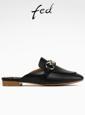 fed黑色穆勒鞋夏季新款女鞋气质低跟半拖真皮拖鞋女款S0609-YA327