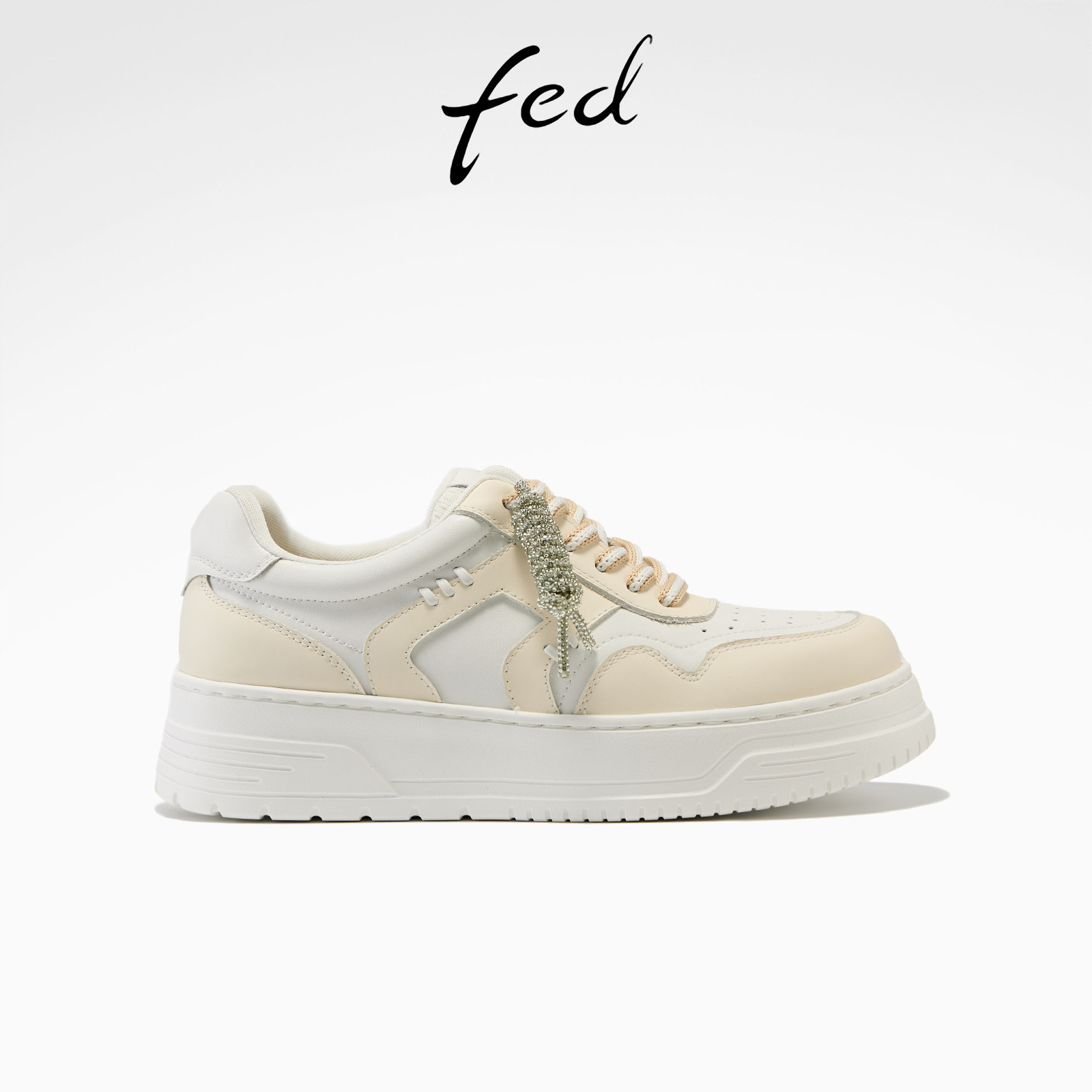 fed米白厚底板鞋女鞋带装饰
