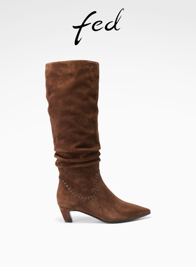 fed复古堆堆靴冬季新款女靴小猫跟时装靴显瘦长靴女S1031-ZCA263