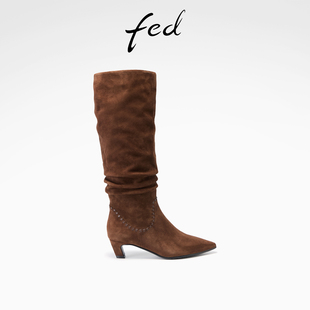 靴显瘦长靴女S1031 女靴小猫跟时装 ZCA263 新款 fed复古堆堆靴冬季