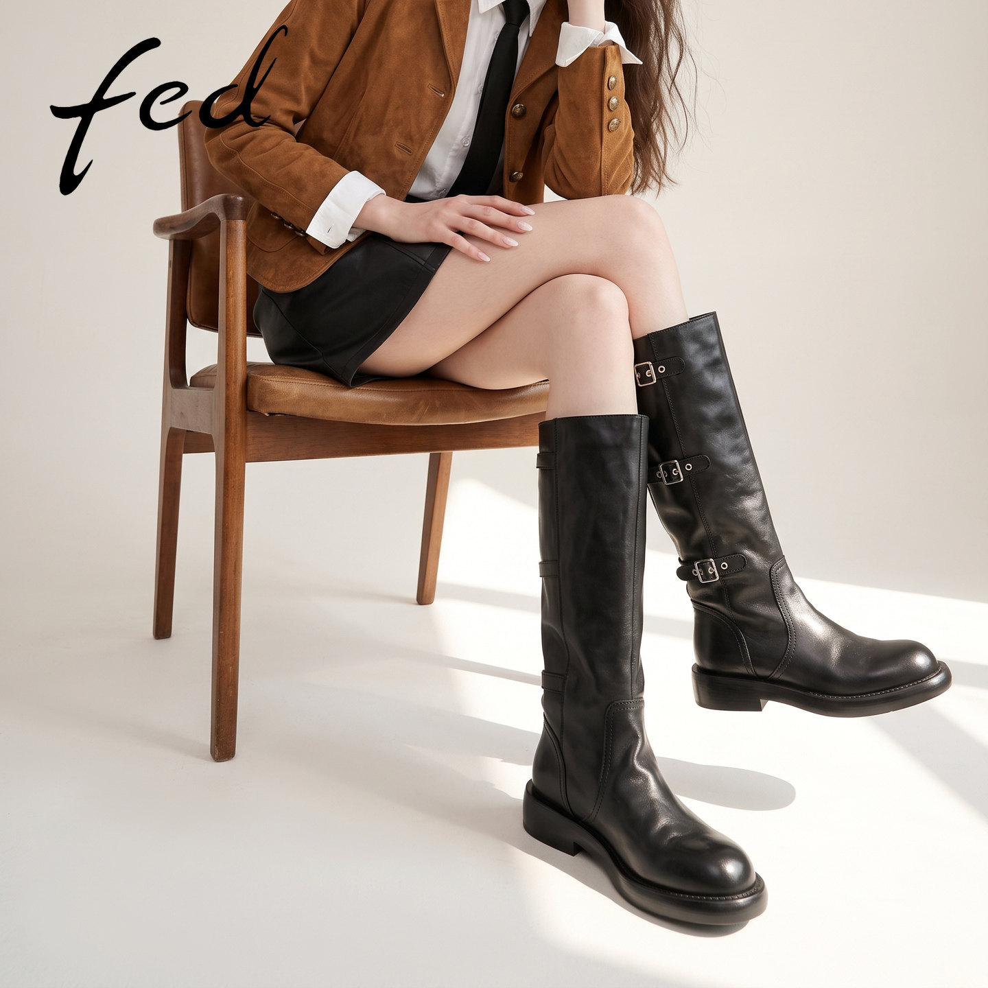 fed黑色水洗皮骑士长靴女