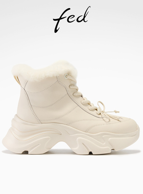 fed白色雪地靴冬季新款女靴厚底棉靴保暖加绒短靴女S1114-YAB210