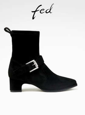fed黑色短靴女冬季新款女靴尖头时装靴绒面瘦瘦靴女款D0928-YA157