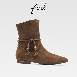 fed美拉德复古牛反绒粗跟流苏串珠西部靴女秋冬新款 低跟圆头短靴