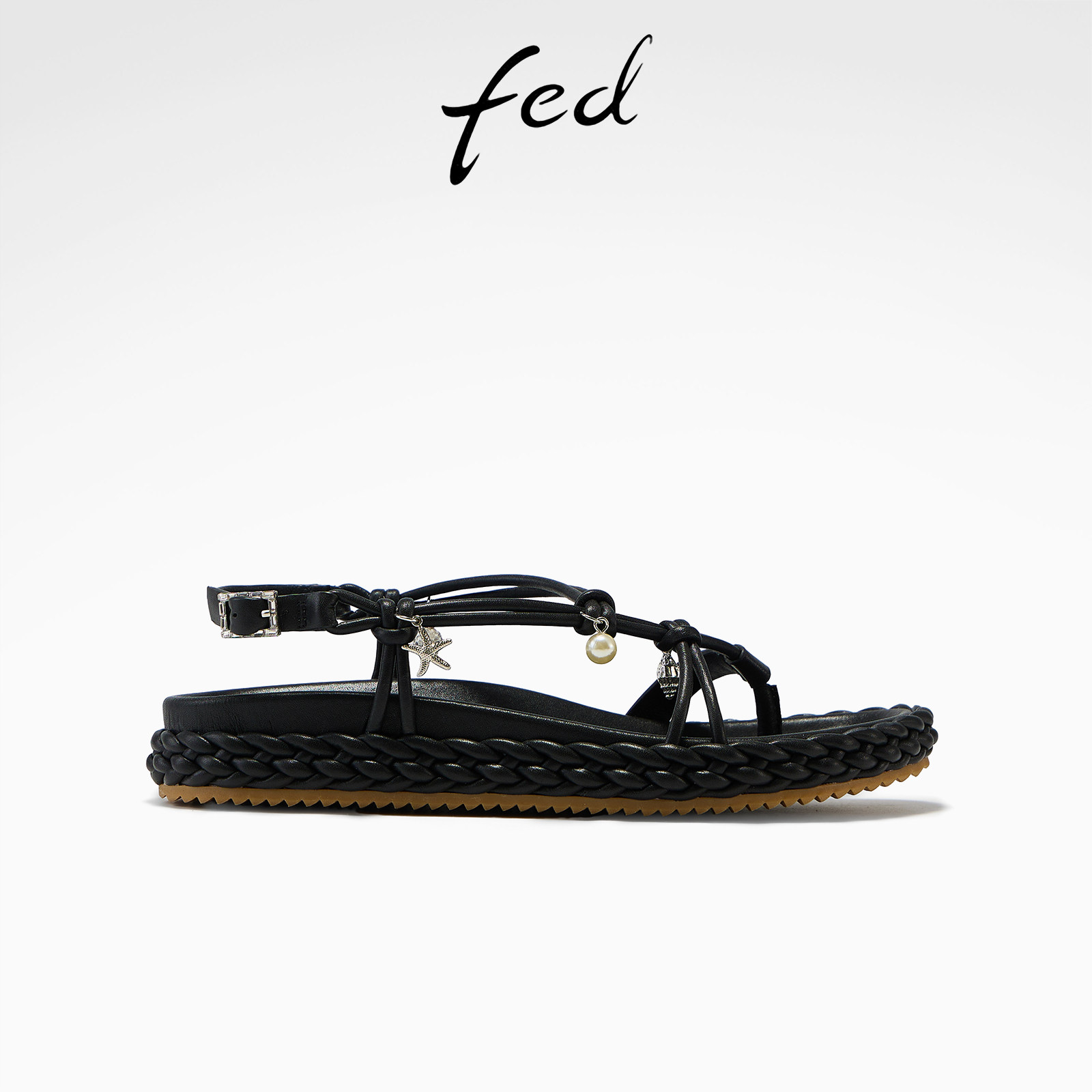 fed暗夜精灵平底鞋夏季新款女鞋镂空编织沙滩鞋黑色凉鞋女款YA209