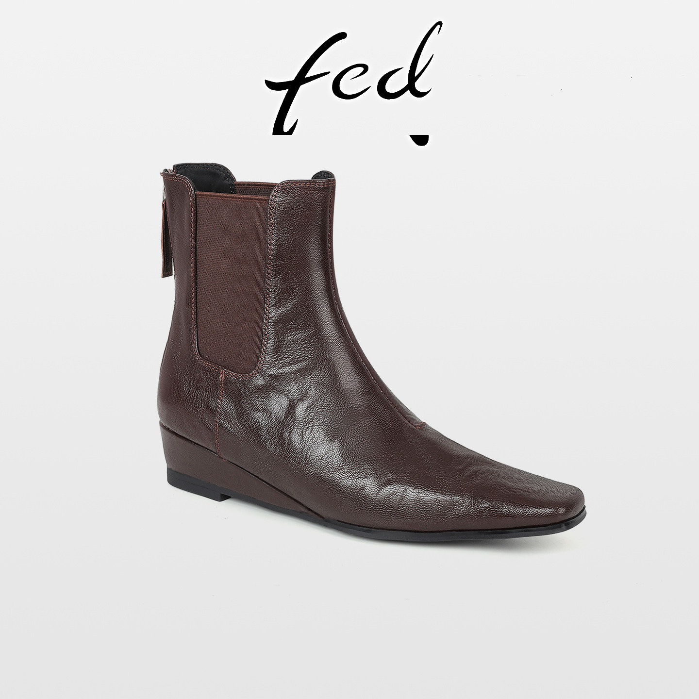 fed法式复古羊皮坡跟瘦瘦靴女秋冬新款后拉链低跟方头洋气小短靴