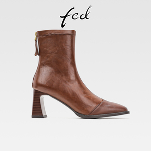 fed法式 后拉链气质方头高跟短靴 复古真皮粗跟弹力瘦瘦靴女秋冬款