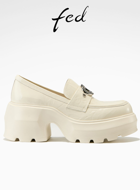 fed厚底乐福鞋春季新款女鞋奶霜环履单鞋粗跟白色小皮鞋女款YA607