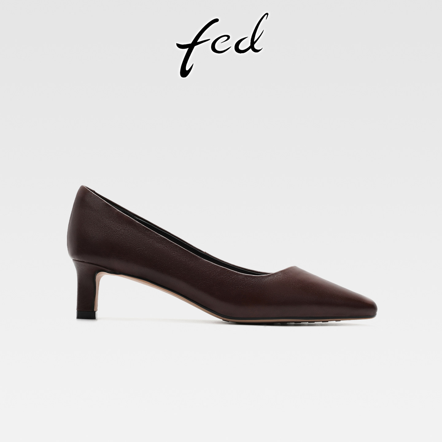 fed通勤风真皮方头浅口单鞋女春季款一脚蹬百搭舒适不累脚高跟鞋