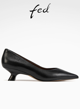 fed浅口单鞋秋季新款女鞋真皮职业通勤鞋黑色高跟鞋女S0820-ZC513