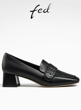 fed真皮鞋鞋春季新款女鞋一脚蹬深口单鞋黑色乐福鞋女D0320-ZC236