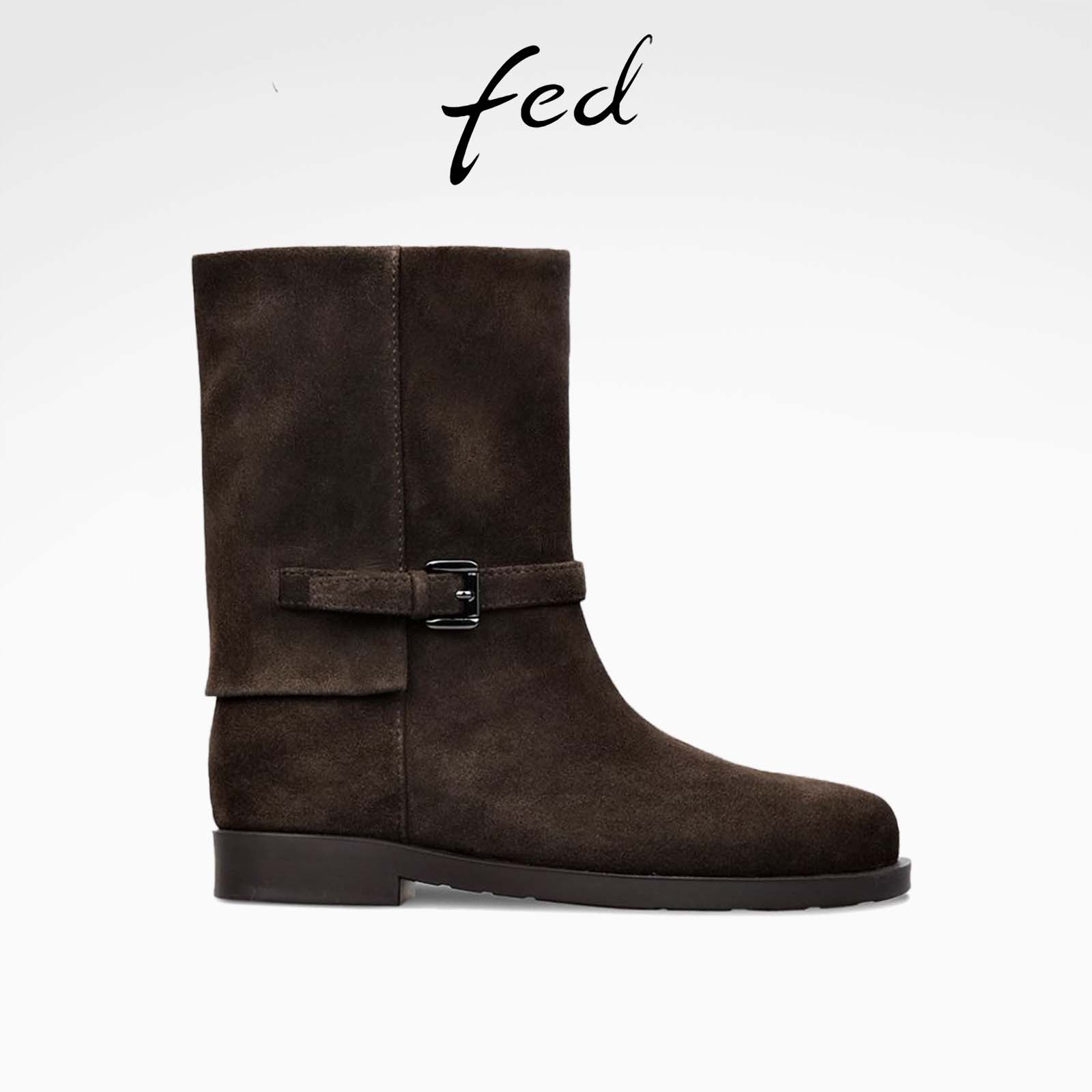 fed粗跟短靴冬季新款女靴皮带扣时装靴黑色骑士靴女S1118-DD0256