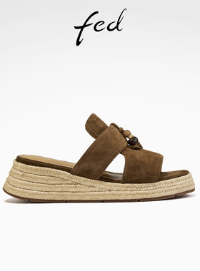 fed坡跟拖鞋夏季新款女鞋串珠复古凉拖厚底沙滩鞋女款S0709-YA682