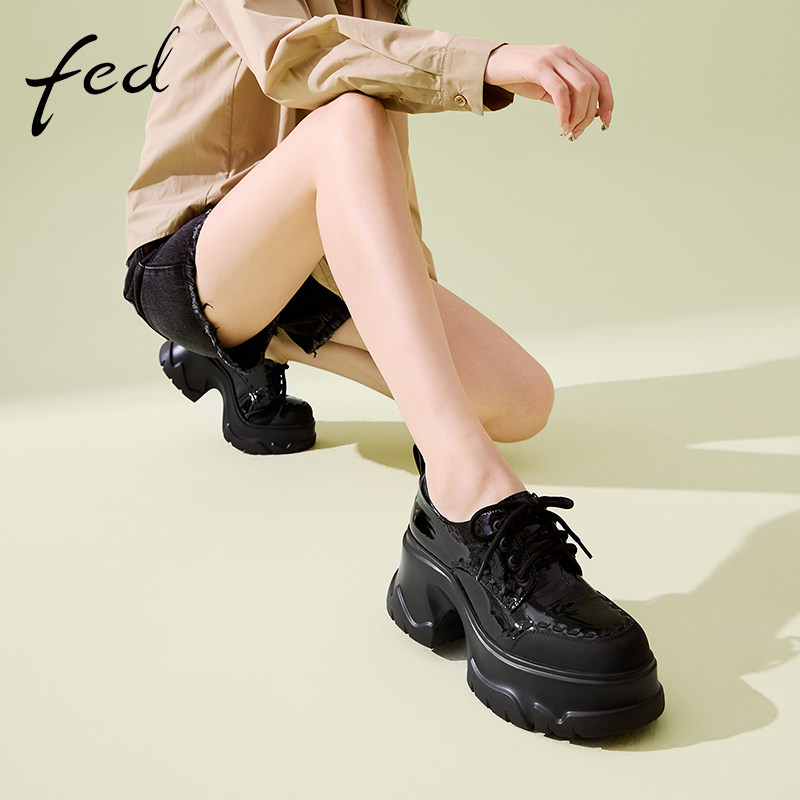fed厚底增高小皮鞋女款春夏新款银箔翩步百搭舒适小个子粗跟单鞋
