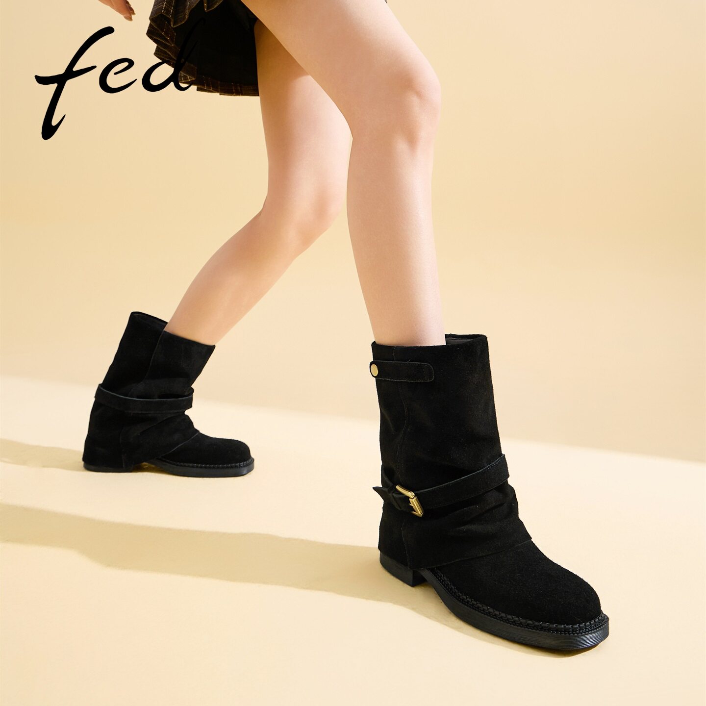 fed绒面堆堆靴女圆头低跟