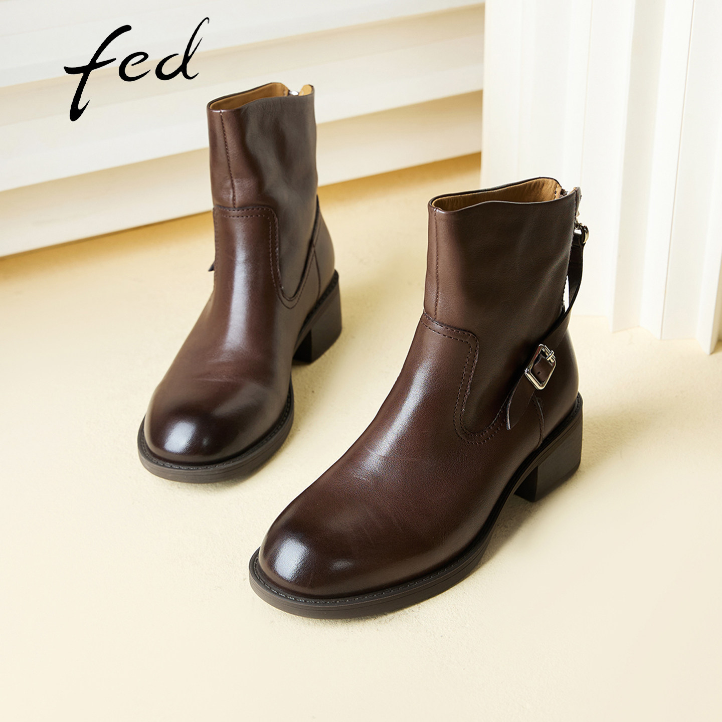 fed英伦真皮增高西部短靴女