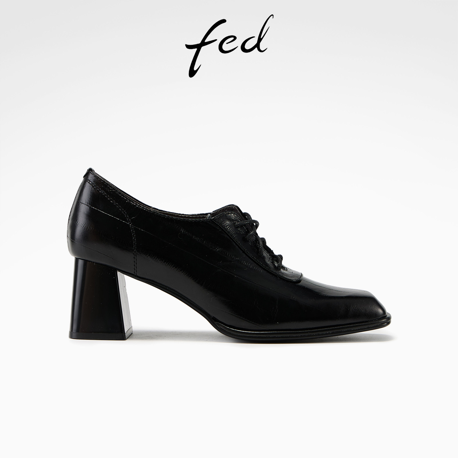 fed黑色牛皮系带粗跟牛津鞋女