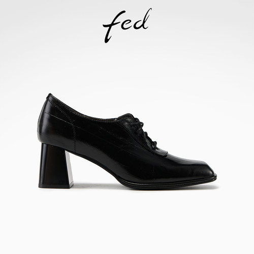 fed黑色牛皮系带粗跟牛津鞋女