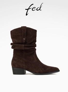 fed粗跟短靴春季新款女靴气质堆堆靴绒面西部靴女款D1116-ZFA268