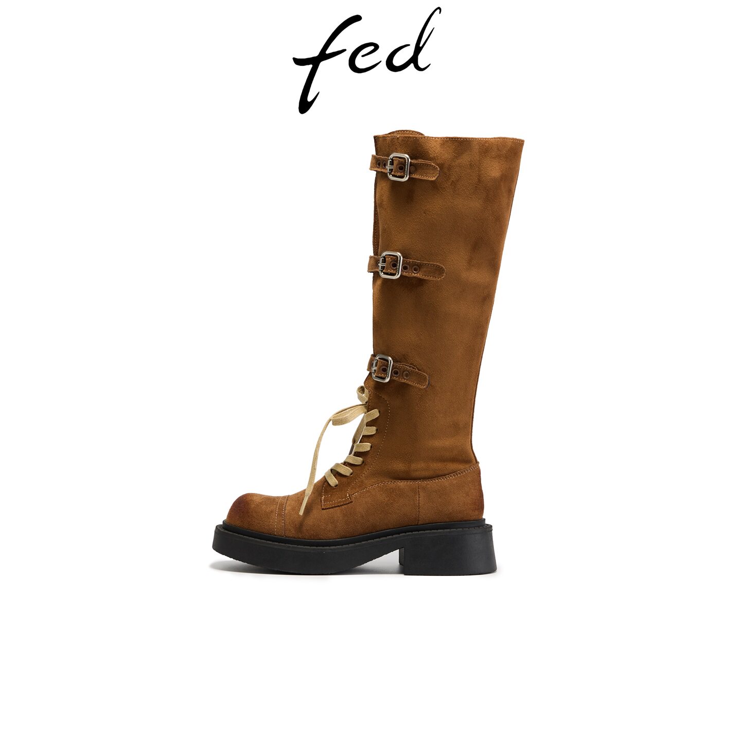 fed咖色多扣镂空厚底马丁靴女