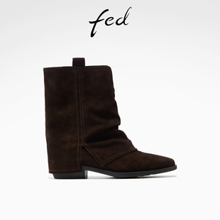 靴冬季 S1201 新款 管靴女款 ZFA365 女靴粗跟短靴堆堆裤 fed气质时装