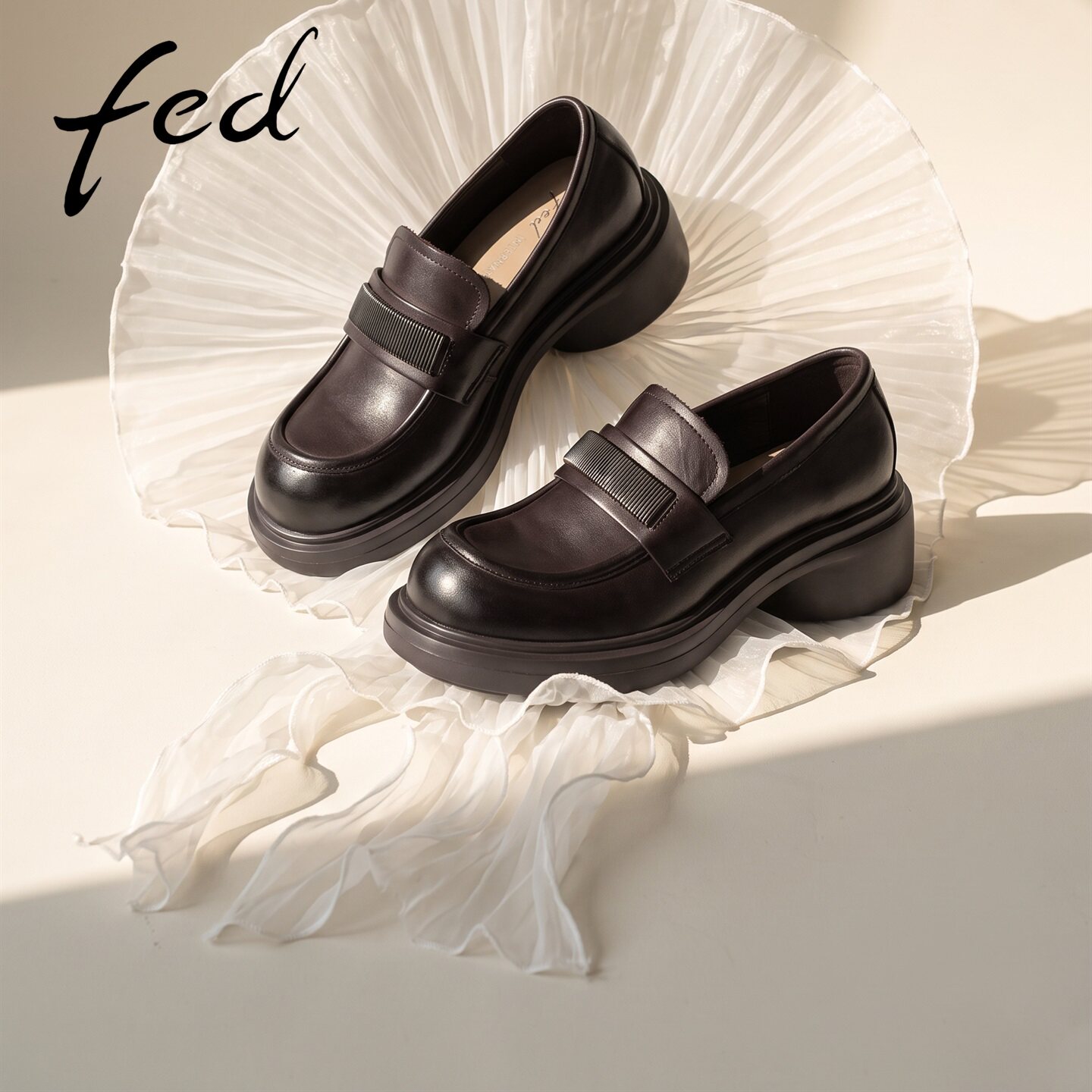 fed深棕厚底乐福鞋女真皮圆头
