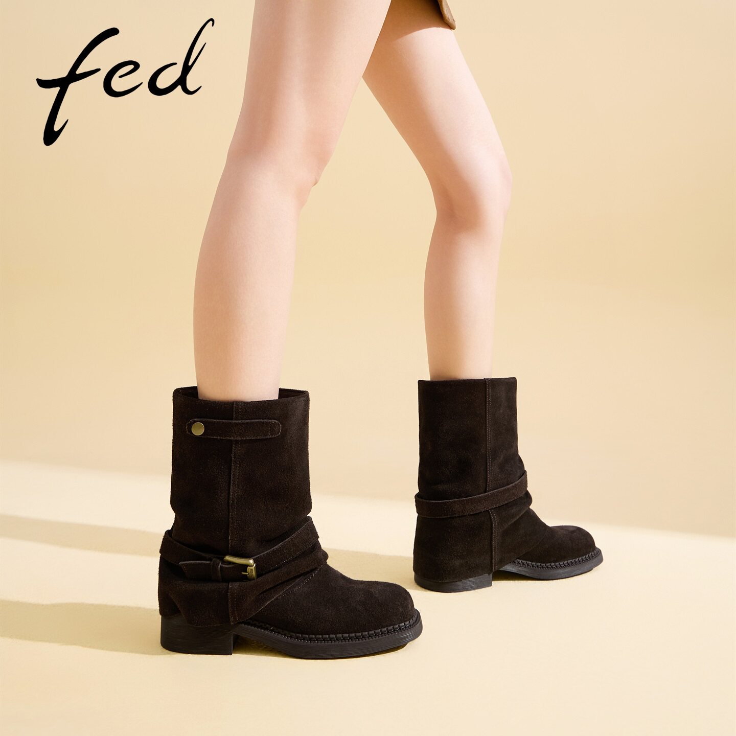 fed绒面堆堆靴女圆头低跟