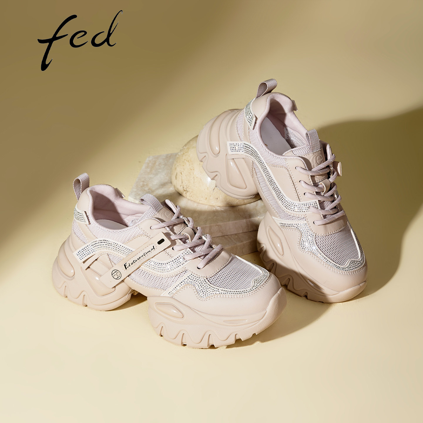 fed云履机能厚底老爹鞋女夏季新款女鞋小个子透气增高粉色休闲鞋