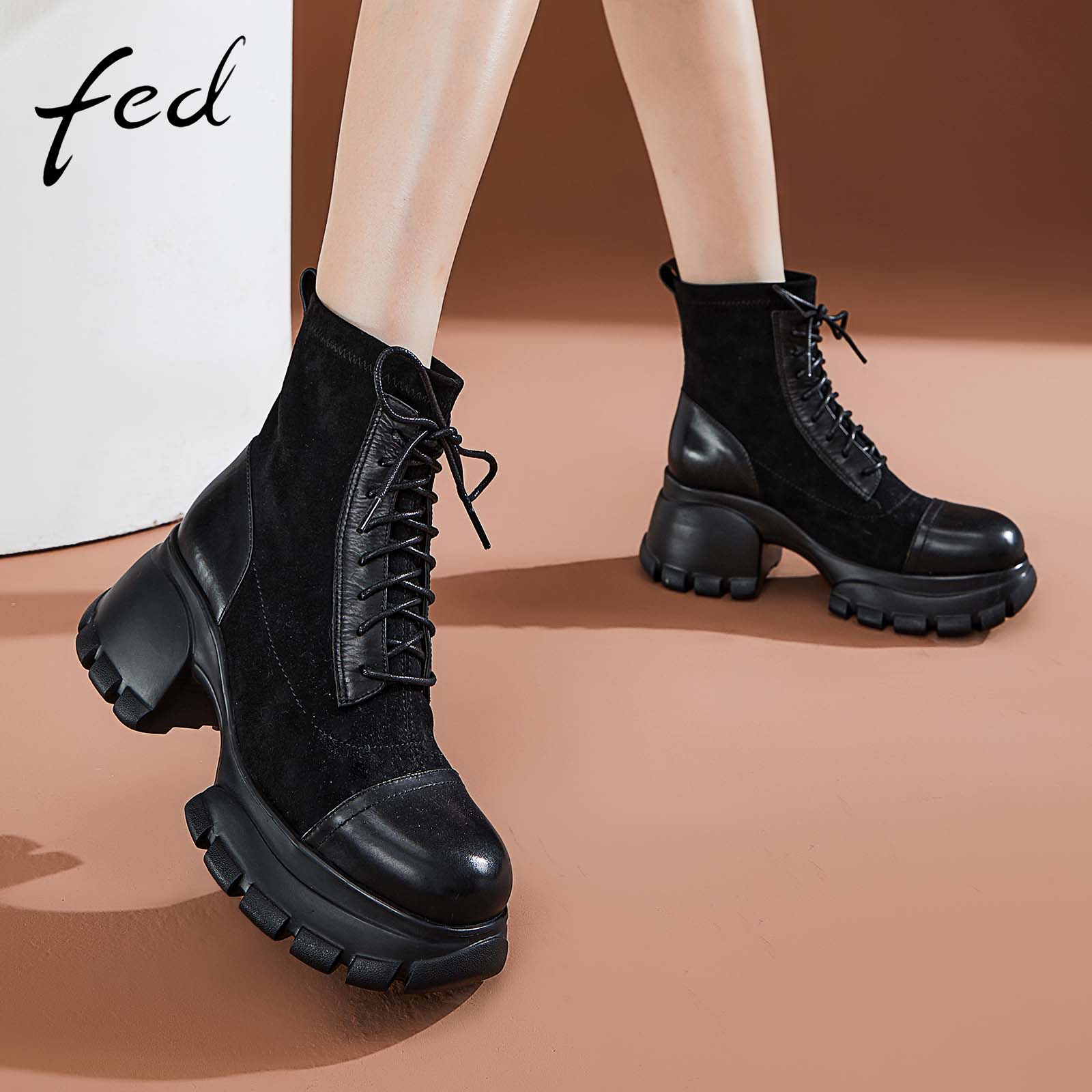 fed拼接厚底马丁短靴女亮皮