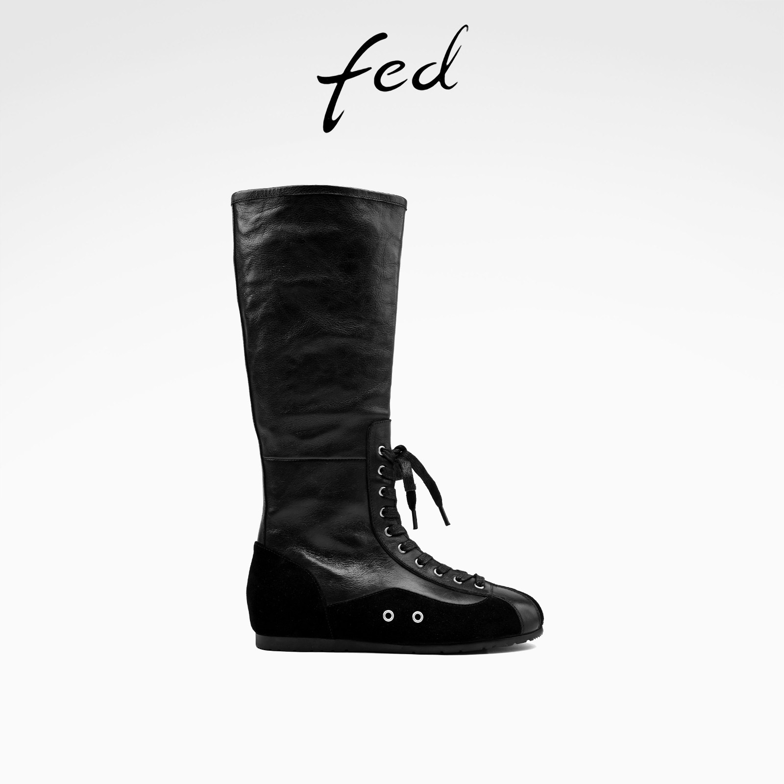 fed平底拳击靴冬季新款女靴拼接长靴真皮骑士靴高筒靴女款FLG131