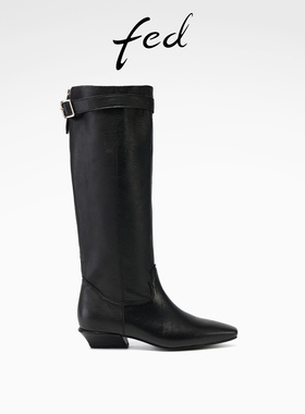 fed黑色骑士靴女冬季新款女靴真皮长靴高筒时装靴女款S1205-YA036