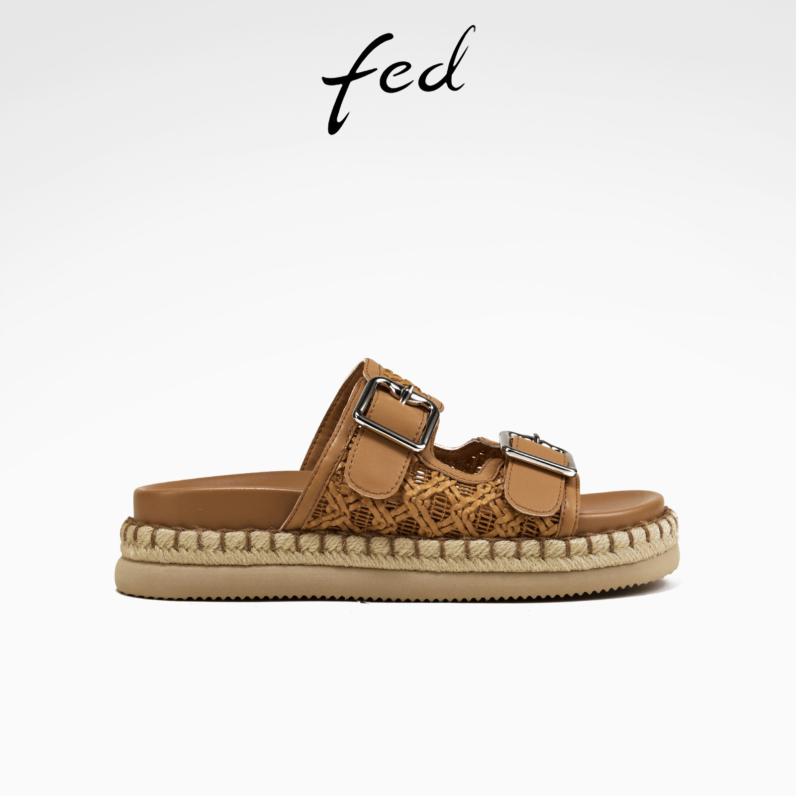 fed棕色编织双扣厚底凉拖女草编