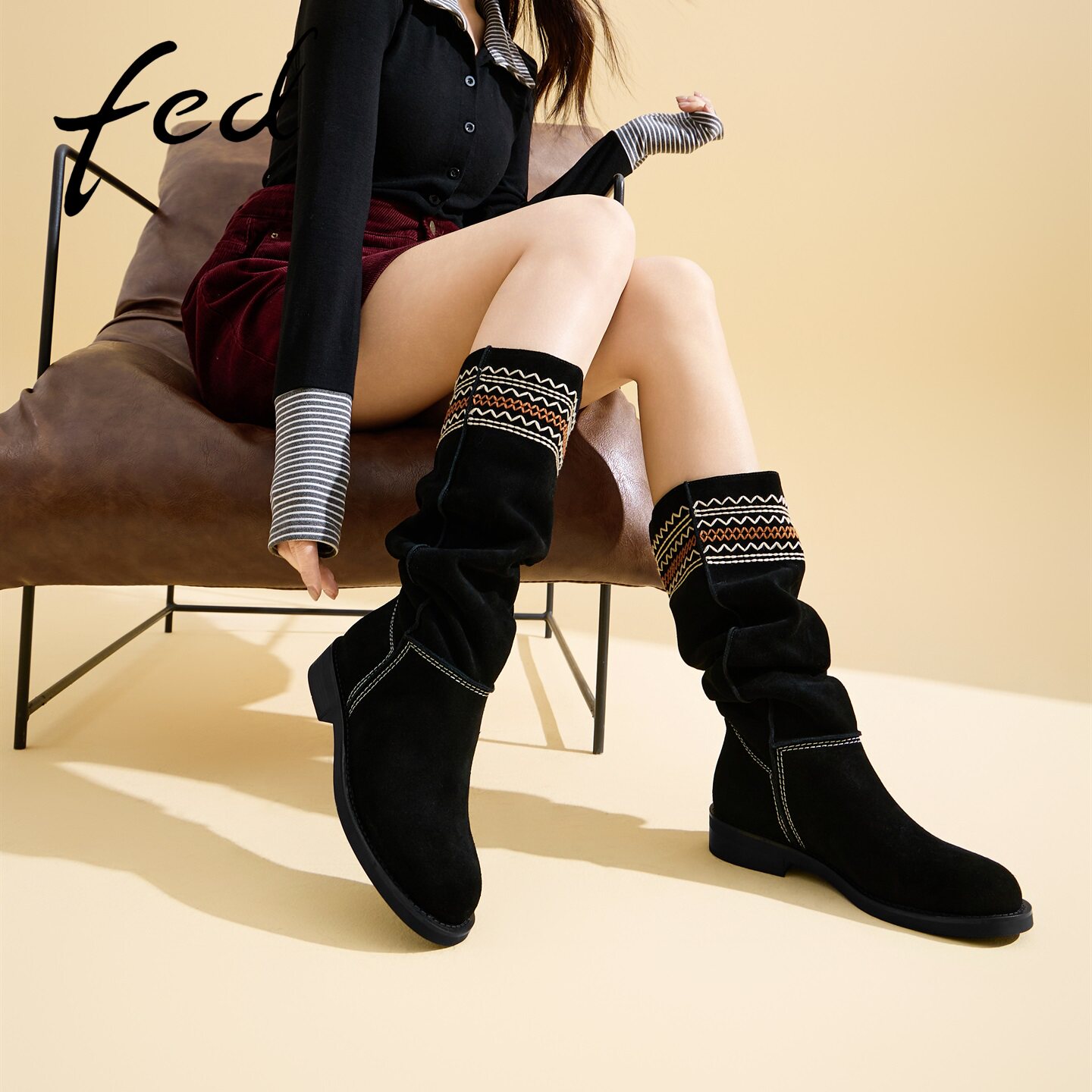fed绒面刺绣长筒靴靴子女款秋季