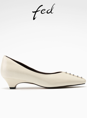 fed方头高跟鞋女春季新款女鞋素雪星迹单鞋白色通勤鞋女款CAB015