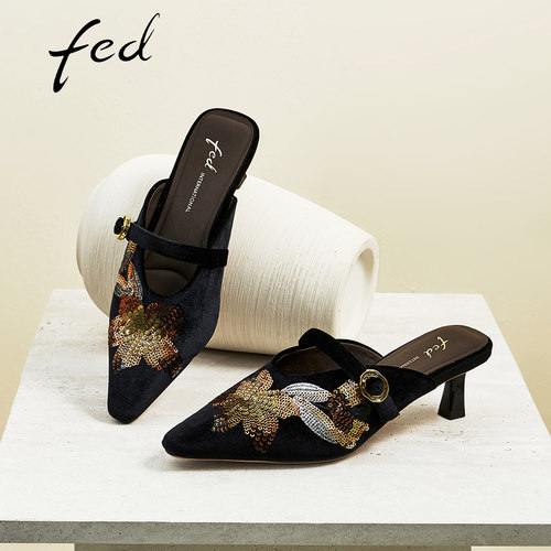 fed黑色细跟一脚蹬高跟鞋女夏季