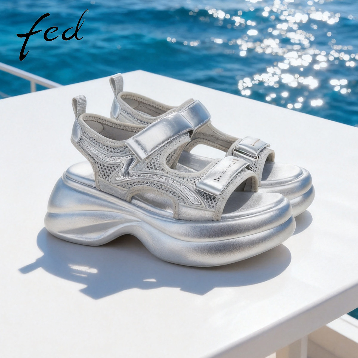 fed厚底时装凉鞋女款夏季新款女鞋外穿小个子增高魔术贴银色凉鞋