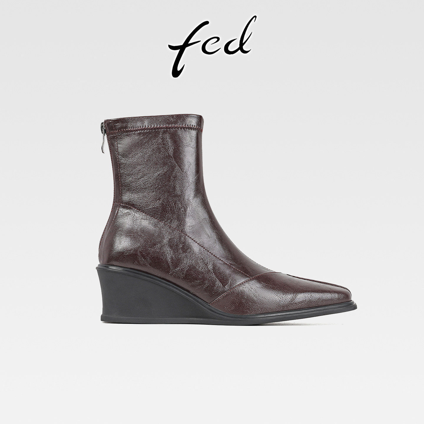 fed法式复古高跟弹力瘦瘦靴女秋冬新款后拉链坡跟方头洋气小短靴